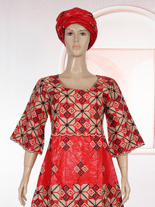 H&D BJL103 Vêtements africains pour femmes Broderie <span class=keywords><strong>Bazin</strong></span> Riche Robes décontractées <span class=keywords><strong>Robe</strong></span> <span class=keywords><strong>rouge</strong></span> avec foulard - Product Image 4