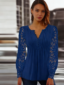 Blusa Casual de Primavera/Otoño para Mujer, Estilo Europeo, Sexy, de Encaje, Manga Larga, Talla Grande, Corte Holgado, con Fibra de Leche y Cuello en V con Botones - Product Image 6