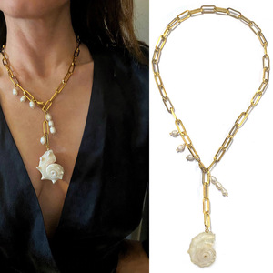 Vacaciones de verano Perla de agua dulce natural Concha de mar Collar con colgante grande 18K Chapado en oro Joyería de acero inoxidable Sin deslustre - Product Image 2