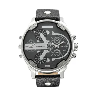 デュアルムーブメントメンズ腕時計Cagarny6820ファッション高級ラージダイヤルレザー腕時計男性用防水工場サプライヤー