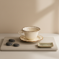 Ensemble tasse et soucoupe à café en céramique de porcelaine vintage, couleur crème, compatible micro-ondes/lave-vaisselle, écologique, personnalisable, cadeau idéal pour la maison