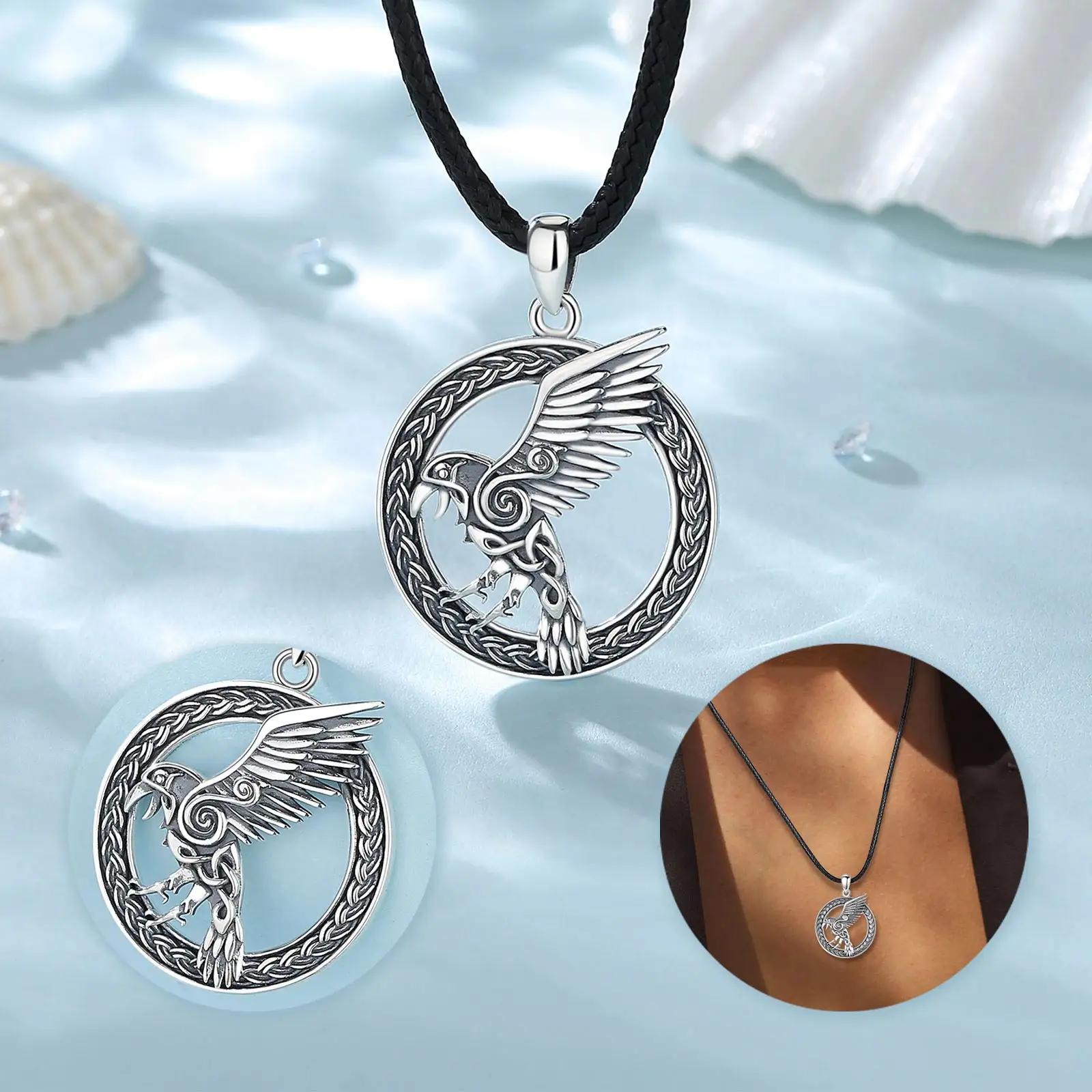 Merryshine Women Viking Jewelry 925 Sterling Silver Celtic Crow Viking Odin Raven Pendant Necklace
