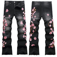 Pantalon large pour homme, nouvelle collection, en stock, style urbain, jean robuste brodé motif fleur de prunier, non élastique