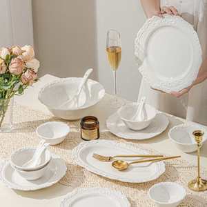 Ins Relief <b>Ceramic</b> Tableware Set Retro Style Dinner <b>Plate</b> Western Style Dinner <b>Plate</b> Palace Style Cream Color <b>Ceramic</b> <b>Plate</b> - Product Image 1