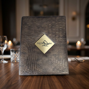 High Quality <b>A4</b> PU Leather ISO Certified Customized Color Menu <b>Folder</b> Durable Antique Gold Plate Logo Restaurant Hotel Bar Bulk - Product Image 1