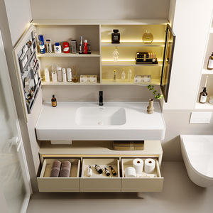 Modern Cream Style Ceramic Integrated Basin <b>Wall</b>-Mounted Bathroom Cabinet Water Resistant Easy Clean Eco-Friendly Durable - Product Image 4