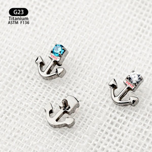 Clous d'oreille en titane en forme d'ancrage, incrustation de zircon 5A, alliage F136, filetage interne pour piercing du cartilage de l'oreille - Product Image 4