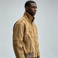 Jaket Bomber Penerbangan Khaki Vintage Pria Kerah Tegak Mantel Kulit Model Longgar untuk Gaya Jalanan Sehari-hari