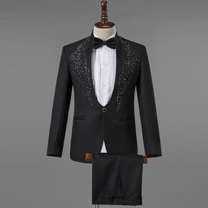 Traje de lujo para boda, esmoquin negro formal para novio, trajes de hombre ajustados con cristales y cuentas, blazer, chaleco y pantalón, hecho a medida, para graduación, de un solo botón. - Product Image 5