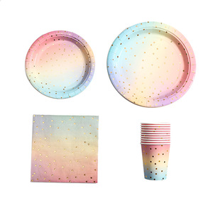 Hanlin Disposable Party Tableware Set Paper Plates Cups Napkins Rainbow Gold Dots Pattern For Party - Product Image 5