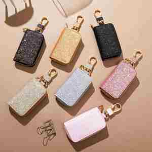 Porte-clés de voiture en cuir PU de haute qualité, housse de protection universelle pour clés de voiture, porte-clés de voiture en cuir à paillettes et métal - Product Image 2