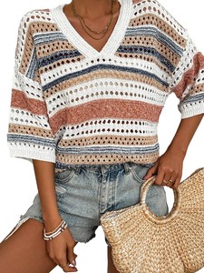 เสื้อสเวตเตอร์ถักโครเชต์ลำลองสำหรับผู้หญิง ผ้าไหมด้านหน้า แขนสั้น ลายทางโปร่ง สำหรับใส่ไปเที่ยวทะเล ชุดเที่ยวทะเลช่วงฤดูร้อน - Product Image 5