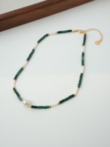<strong>Emerald</strong> Green Jade Cylinder <strong>Beads</strong> with White Spacer &amp; Small Baroque <strong>Pearl</strong> Necklace for Women Fashion <strong>Jewelry</strong> - Product Image 4