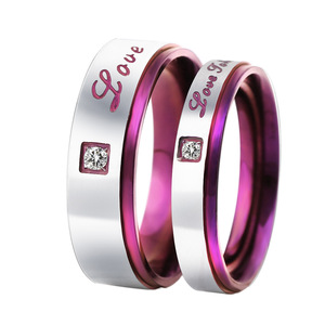Anillos de Pareja de Acero Inoxidable con Diamante Morado Corte Princesa, Grabado de Amor, Regalo de San Valentín, Joyería Unisex - Product Image 1