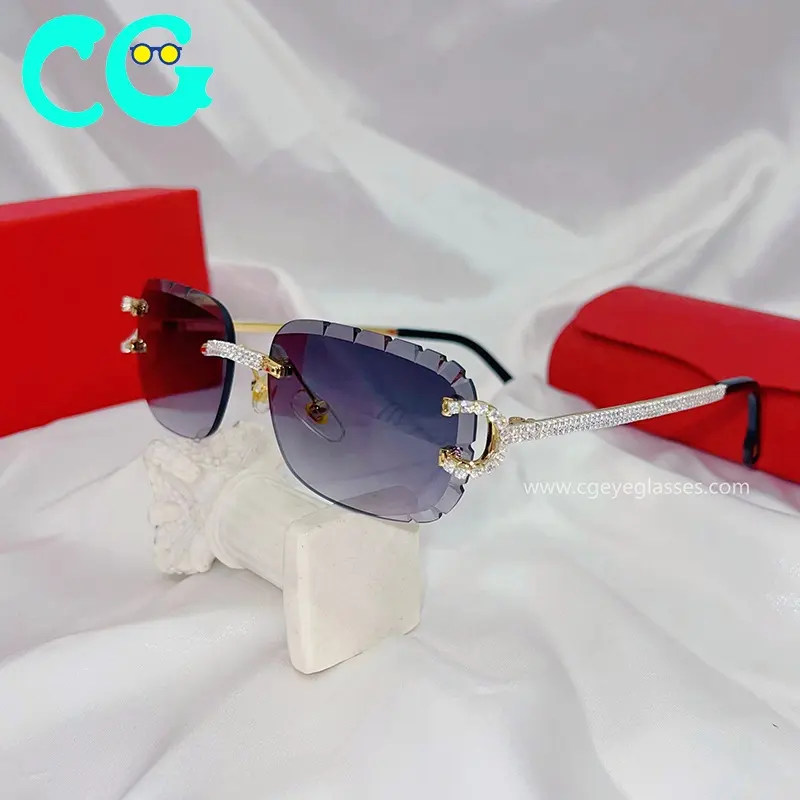 2022 New Cut Linse Sonnenbrille quadratische randlose Sonnenbrille hochwertige Unisex Diamonds Shiny Sun Brille Strass Sonnenbrille