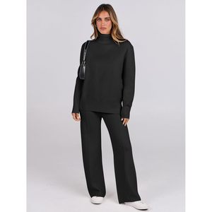 Ensemble de vêtements en maille pour femmes FOXA, 2 pièces, haut à col roulé, pantalon large, tenue décontractée pour l'automne, ensemble assorti confortable - Product Image 2