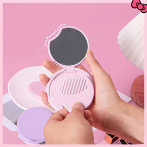 Miroir de maquillage compact en plastique en forme de cœur rose avec peigne, miroir de poche pliable simple face, mini miroir de poche rond pour cosmétiques - Product Image 2