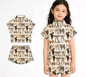 Conjuntos de Ropa para Niñas, Camisa con Cierre y Pantalones Cortos con Estampado de Lazos, Estilo Coquette, Moda Casual de Verano, Venta al Por Mayor, Conjuntos a Juego para Hermanas - Product Image 1