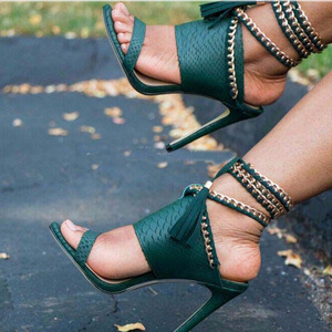 Sandalias de Tacón Alto con Cadena Metálica Sexy, Tiras con Flecos, Sandalias de Tacón de Aguja para Mujer, Zapatos de Fiesta con <span class=keywords><strong>Cordones</strong></span> - Product Image 1