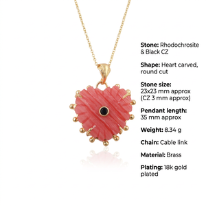 Collar de cadena chapado en oro de 18k con colgante de corazón tallado a mano de rodocrosita sintética y circonita negra para mujer, venta al por mayor de joyería - Product Image 1