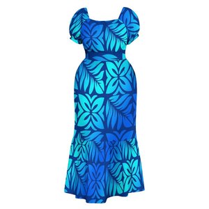 Abito lungo da donna taglie forti con stampa foglie di plumeria blu reale sfumato in verde acqua, scollo quadrato e maniche corte a sbuffo, stile tropicale, personalizzabile, direttamente dalla fabbrica. - Product Image 1