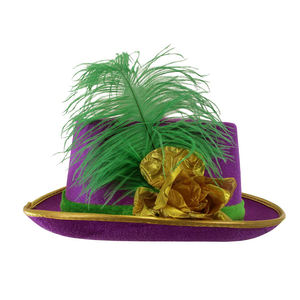 Sombrero de copa Fedora morado Mardi Gras de terciopelo de lujo para adolescentes adultos con accesorio de disfraz de desfile de plumas flexible - Product Image 6