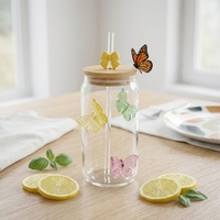 Gobelet en verre transparent multi-formes avec couvercle, décorations créatives 3D en forme de cœur, de fruit, de fleur, de papillon et de nœud