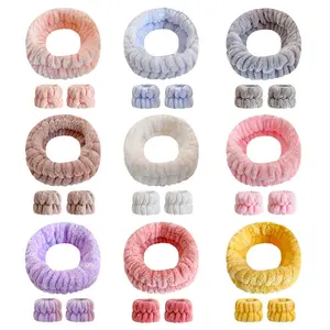 Solid color plush hair band for women face makeup headband wrist strap simple monochrome headband set