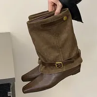 Nouvelles Bottines Femme à Talons Compensés Bas, Style Punk, avec Empiècements Unis, Bout Pointu et Boucle de Ceinture Vintage