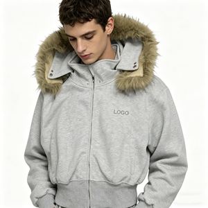 เสื้อฮู้ดดี้ผู้ชายขายดี หนัก 600GSM ผ้าฝ้าย 100% เฟรนช์เทอร์รี่ แต่งขนฟ็อกซ์ ซิปแบบรูดขึ้นลงได้ สั่งทำได้ - Product Image 5