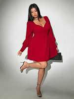 Robe élégante bordeaux à col en V taille haute coupe trapèze courte décontractée pour femme grande taille Printemps-Été 2026