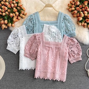Top court à manches bouffantes en dentelle ajourée, style niche M <span class=keywords><strong>L</strong></span> Design Sense, <span class=keywords><strong>haut</strong></span> féminin taille haute et girly - Product Image 1