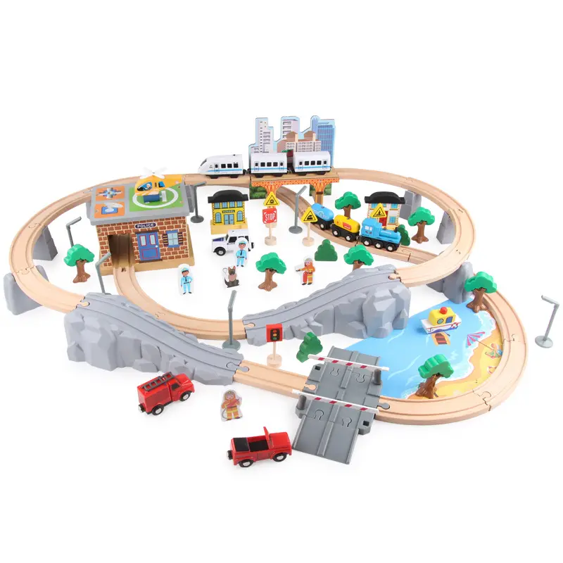 Set mainan kereta api kayu anak, Set mainan konstruksi jalur kereta api, jalur melintasi jalan menyenangkan