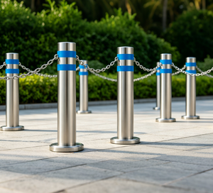 Borne de sécurité en acier inoxydable 304 avec chaîne et bande réfléchissante bleue pour parcs d'attractions et espaces publics - Product Image 2
