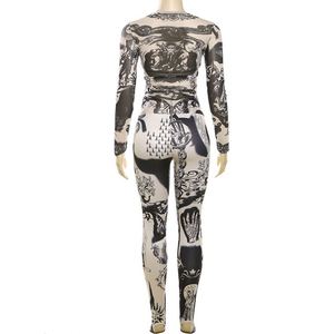 Conjunto de ropa de calle de primavera 2024, mallas a juego estampadas de manga larga, conjunto de 2 piezas transparente de malla ajustada para mujer - Product Image 6
