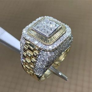 Nhẫn nam thời trang Hip Hop mạ vàng, mặt vuông đính đá hai màu, kiểu dáng nổi bật, bán buôn - Product Image 3