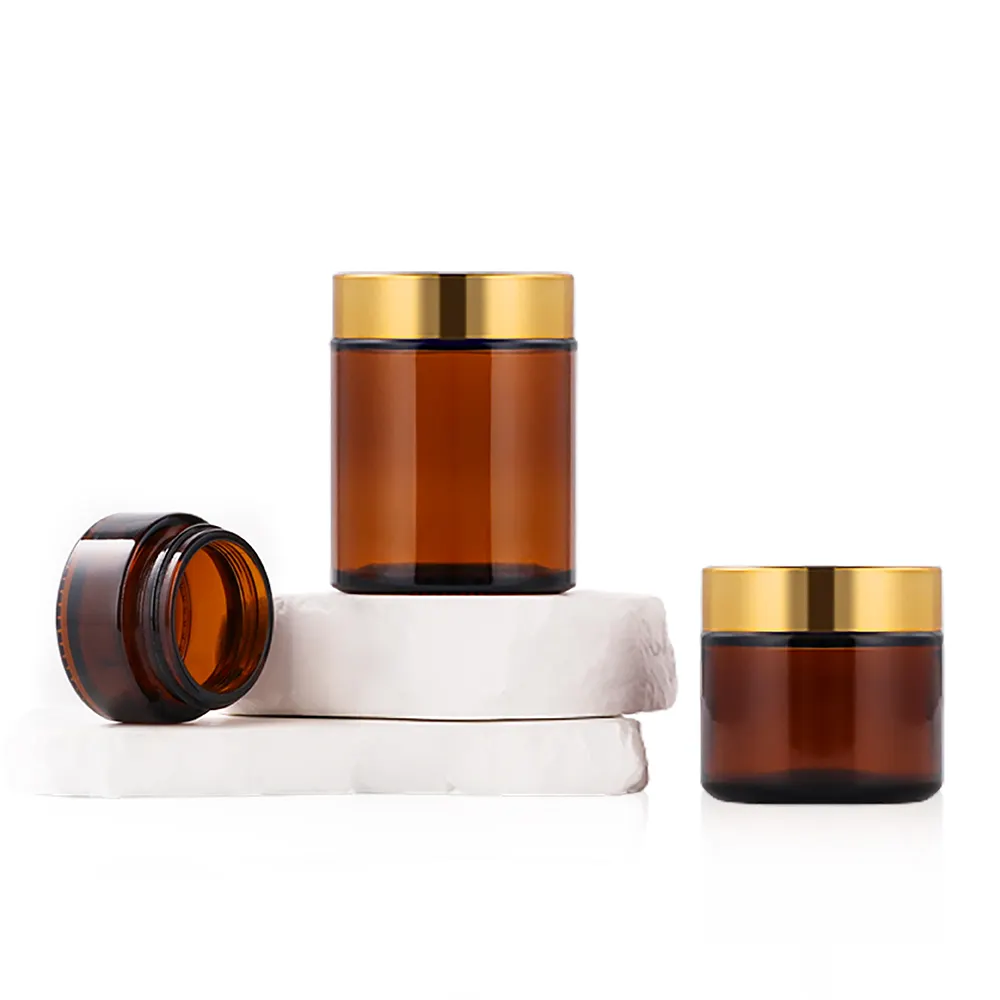 luxury cosmetic glass jars Empty 10g 15g 20g 30g 50g 60g 100g 150G Amber eye Face cream jar with Gold lid