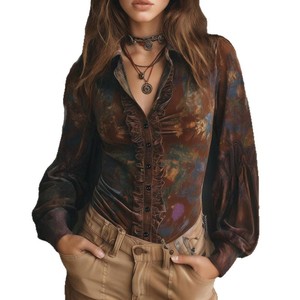 Camicette Casual <span class=keywords><strong>in</strong></span> <span class=keywords><strong>Velluto</strong></span> a Maniche Lunghe di Alta Qualità, Stile Vintage Floreale per <span class=keywords><strong>Donna</strong></span>, Maniche a Balze Traspiranti per Autunno/Primavera - Product Image 1