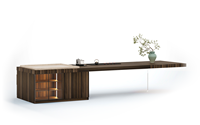 Table de station à thé en placage de bois sur mesure avec bassin en pierre et vitrine en verre, OEM ODM pour hôtel, appartement, villa, salon