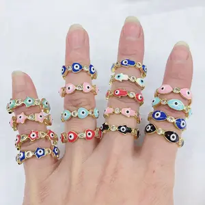 Rm1546 Chique Kleurrijke Emaille Pastel Regenboog Hand Ster Hart Zirconia Cz Micro Pave Boze Ogen Ringen Voor Dames Vrouwen