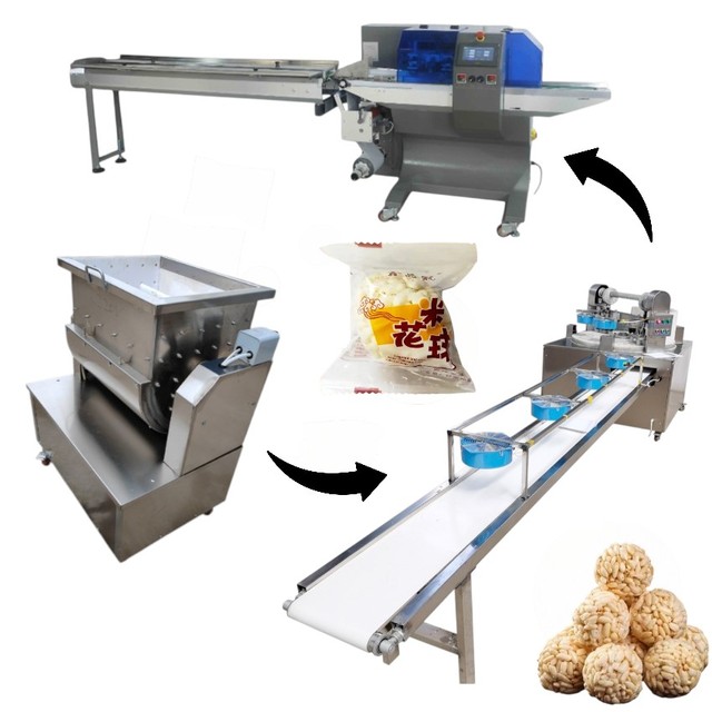 Complete Line Puffed Rice Mixing Machine Puffed Rice Ball Making Forming Pillow Packing Machine