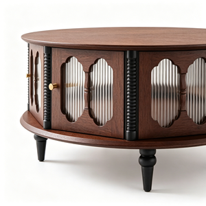 Vintage Round Wooden Coffee <b>Table</b> with Fluted Glass <b>Storage</b> Cabinet for Living Room - Product Image 6