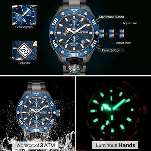 MEGIR 2219 โครโนกราฟชายส่องสว่างควอตซ์นาฬิกาตกแต่งเข็มทิศแบรนด์ชั้นนําสําหรับผู้ชายแฟชั่นกีฬานาฬิกาข้อมืออัตโนมัติวันที่ - Product Image 4