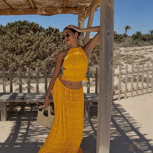 Ensemble jupe deux pièces décontracté en mousseline unie à volants, haut dos nu sans manches et jupe longue étagée, pour femme, plage et été - Product Image 4
