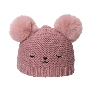 Custom Mutsen Geborduurde Warme Jongens Meisjes Elastische Gebreide Kinderen Wintermutsen Kids Baby Mutsen Met Pom Pom