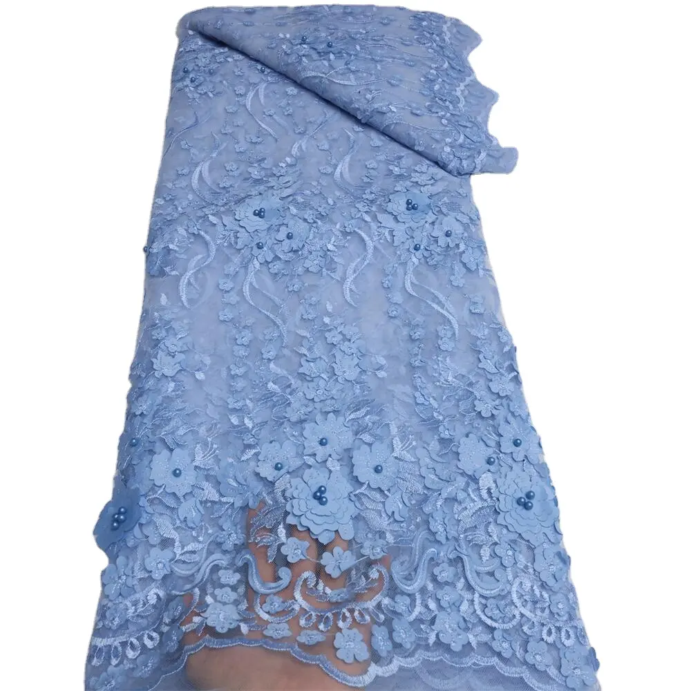 African Lace Wedding Dress Fabric Nigeria Lace Sky Blue 3D French Tulle Lace with Flower for Dress LY1129