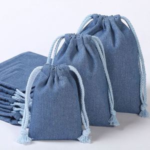 Factory Hot Sale Customizable Denim Letter Pattern Medium Size Jewelry Muslin Drawstring <b>Bag</b> with Custom Logo - Product Image 2