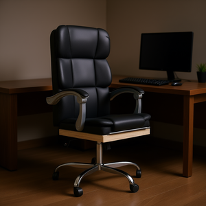 Silla de Oficina de Cuero Sintético Negro con Base Cromada, Asiento Ejecutivo Reclinable para Espacio de Trabajo - Product Image 2