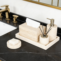 Ensemble d'accessoires de salle de bain en travertin, 5 pièces : distributeur de savon, plateau de toilette, diffuseur d'arômes, boîte à mouchoirs (beige)