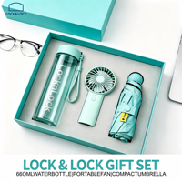 Coffret Cadeau d'Entreprise Personnalisé avec Logo : 3 Pièces Rafraîchissantes pour l'Été (Gobelet LocknLock, Ventilateur Portable, Parapluie, Batterie Externe)
